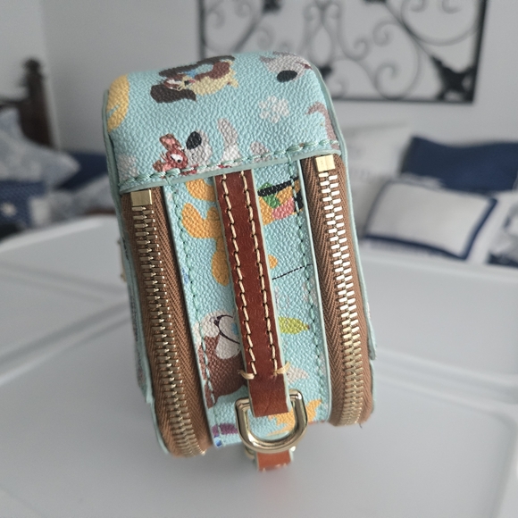 Dooney & Bourke Aqua Dog Print Cosmetic Case with Tan Trim - Picture 6 of 11